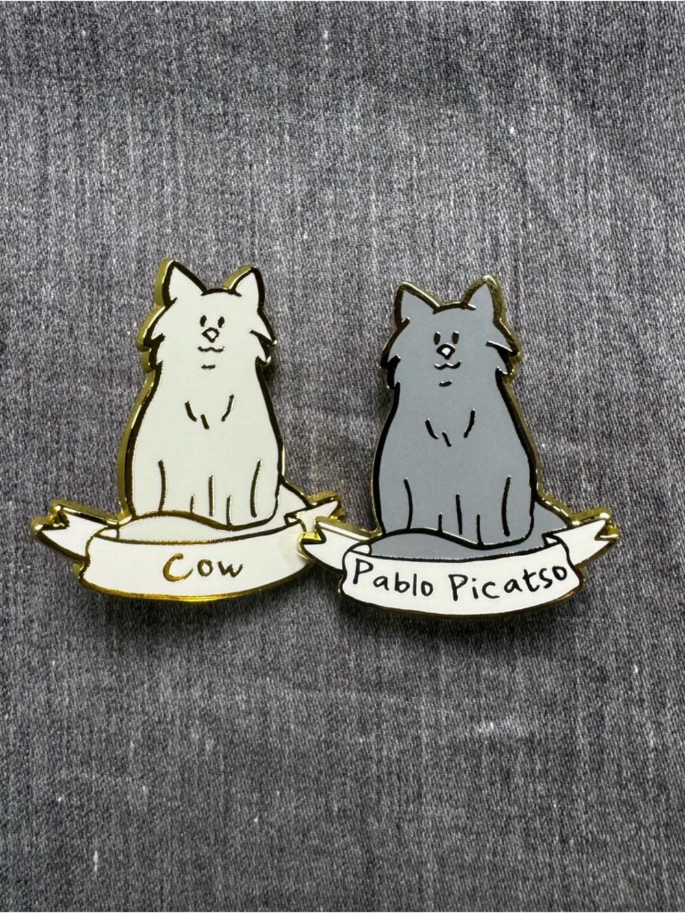 2 Cats Enamel Pins Long Haired “cow” “ Pablo Picatso” White Gray Metal Pin New